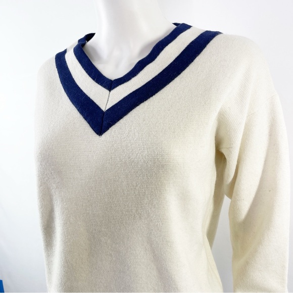 Mila Owen Women's Ivory Knit Pullover Sweater Sailor Stripe V-Neck Size F Large - Picture 4 of 8